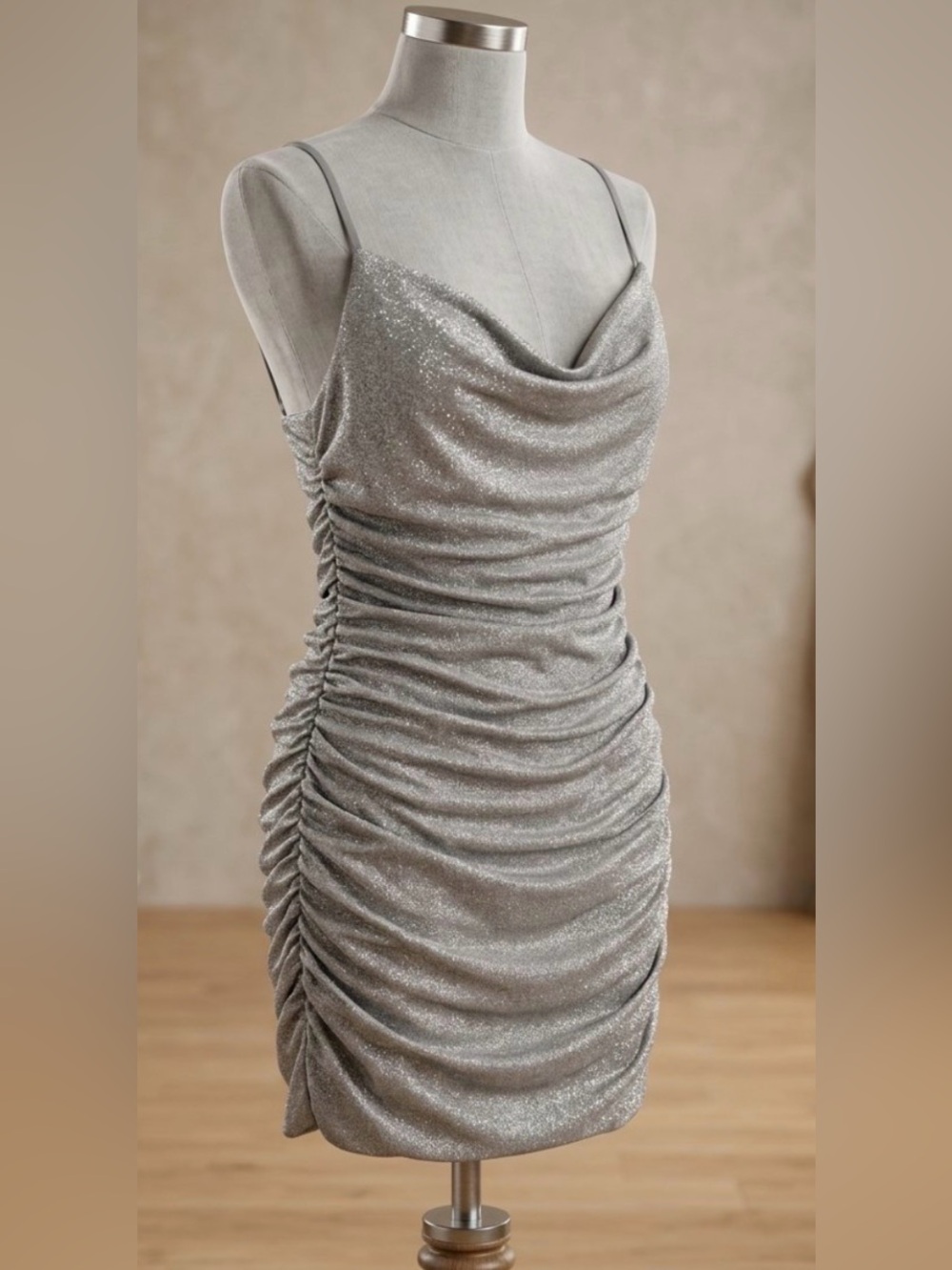 Babyboo Fashion Silver Sparkle Ruched Mini Dress